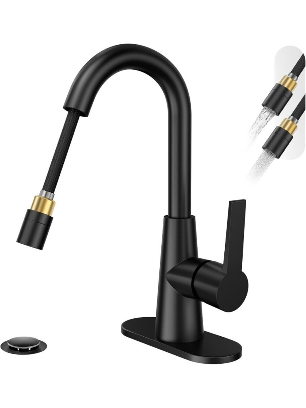 Matte Black High Arc Bathroom Sink Faucet with Pull Down Sprayer & Drain, 1-3